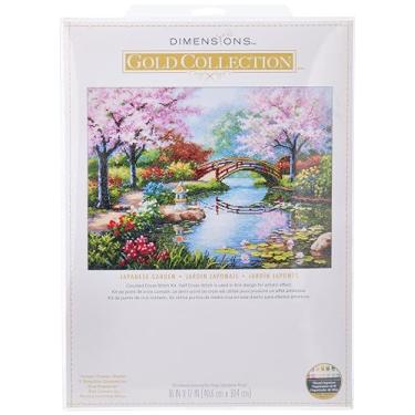 Imagem de Dimensions Kit de ponto de cruz Gold Collection, jardim de flores japonesas, 16 unidades azul claro Aida, 30,5 x 40,6 cm