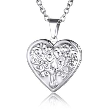 Imagem de GOLDCHIC JEWELRY Colar com medalhão de coração para mulheres, banhado a ouro 18 quilates/banhado a platina/flor de ouro rosa/medalhão de foto memorial da árvore da vida com imagem