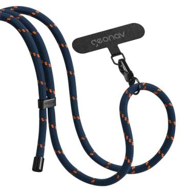 Imagem de Geonav Cordão de pescoço universal para celular, encaixa em todas os modelos de capinhas, alça ajustável, 1.6 m, lavável, poliéster, evita quedas, CDUM02, azul com laranja