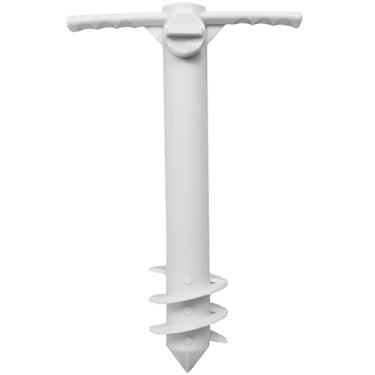 Imagem de Âncora de guarda-chuva de areia de fácil instalação, suporte de copo e conjunto de ganchos de toalha. Trado branco durável cabe em suporte de poste de até 4 cm para ventos fortes. Use como suporte de vara de pesca ou rede de vôlei de praia ou estaca de barraca
