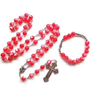 Imagem de Misright Rosário Católico Colar Pingente Cruz Pulseira Cristão Vermelho Contas de Acrílico Corrente Longa Contas de Oração Joias Religiosas, 1, Acrílico, Sem Pedra Preciosa
