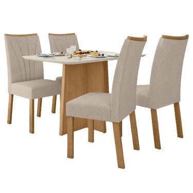 Imagem de Conjunto Mesa de Jantar Celebrare 1,20 c/ vidro e 4 cadeiras Apogeu Tecido Veludo Naturale Creme Amendoa Clean/off White