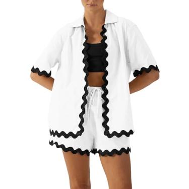 Imagem de ISZPLUSH Conjunto curto feminino de 2 peças com lapela de peito único, camisas soltas, cintura elástica, short para férias, Branco, P