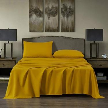 Imagem de Chezmoi Collection Jogo de lençol 4 peças amarelo mostarda tamanho casal/duplo - 110GSM pele pêssego microfibra escovada poliéster 40.6 cm lençóis de cama e fronhas com bolso profundo