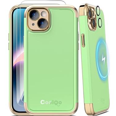Imagem de COOLQO Capa magnética para iPhone 13, capa para iPhone 14, [6 em 1], 2X [protetor de tela + protetores de lente de câmera][proteção de grau militar de 4,5 m], capa galvanizada para celular, Matcha Gold