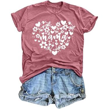Imagem de Camisetas femininas com estampa de mamãe floral divertida Mama Heart camisetas casuais, rosa, XXG