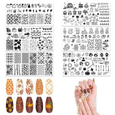 Imagem de ALIBBON Conjunto de 6 peças de placas de estampagem de unhas de outono, modelos de carimbo de arte de unhas de fundo de folhas, kit de modelos de carimbo de gnomo de abóbora, placas de metal para unhas de feliz dia de ação de graças para decoração de impressão DIY 11 × 6 cm
