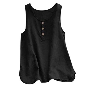 Imagem de Regata feminina de linho, caimento solto, sem mangas, Henley cor lisa, camiseta casual de verão, Y1 - preto, XXG