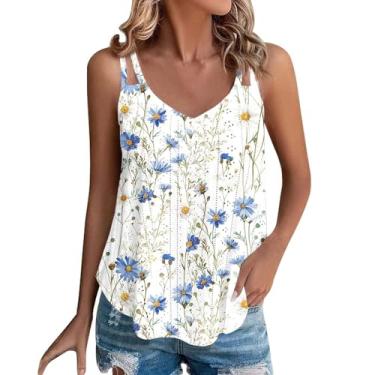 Imagem de Camiseta regata feminina com ilhós de verão 2024 estampa floral casual alças finas sem mangas gola V, Azul claro, M