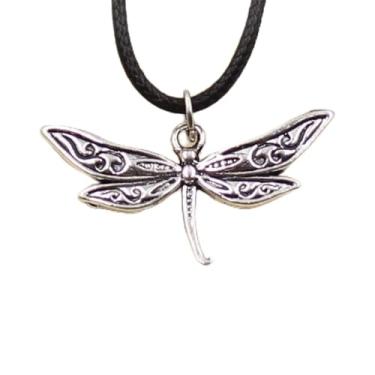 Imagem de EDCRFV Colar de pingente de libélula de prata tibetana cordão de couro preto feito à mão