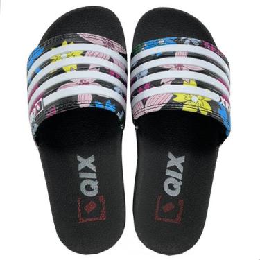 Imagem de Chinelo Slide Qix Floral Listras Feminino - Preto