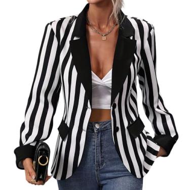 Imagem de OBEEII Blazer feminino listrado preto e branco manga comprida com botão simples listrad...