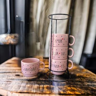Imagem de Jogo De Xícaras Café Chá Rosa Com Suporte Kit 4 Canecas Poá - Neo Porc