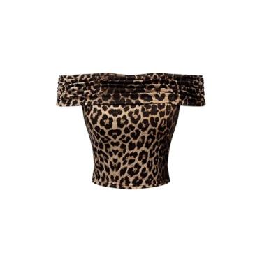 Imagem de BEAUDRM Camiseta feminina com estampa de leopardo, ombros de fora, gola assimétrica, franzida, sem mangas, Marrom, PP