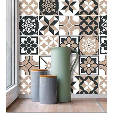 Imagem de Papel de Parede Autocolante Azulejo Português Preto e Bege Para Banhei