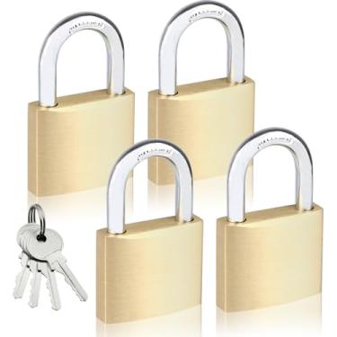 Imagem de Pacote com 4 cadeados de latão sólido com chave, trava de armário de 3,8 cm com chaves, cadeado à prova de intempéries com as mesmas chaves para galpões, unidade de armazenamento, armário de academia
