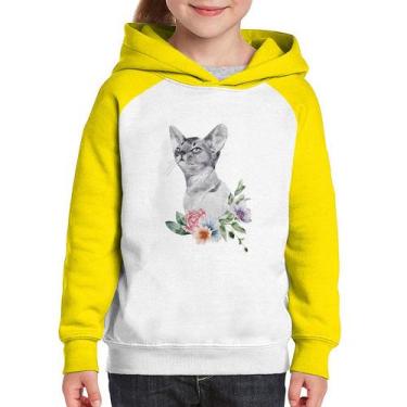 Imagem de Moletom Infantil Gato e Flores - Foca na Moda, Branco, Amarelo, 4