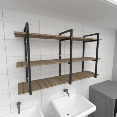 Imagem de Prateleira industrial para lavanderia aço cor preto mdf 30cm cor amade