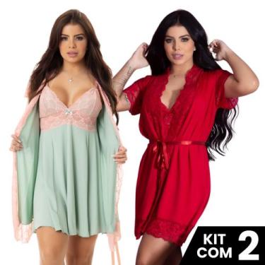 Imagem de Kit 2 Robes Roupão e 2 Camisolas Amamentação Pós Parto Liso Com Renda 