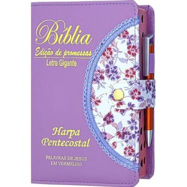 Imagem de Bíblia Sagrada Letra Grande Com Harpa Corinhos Feminina Botão Caneta -