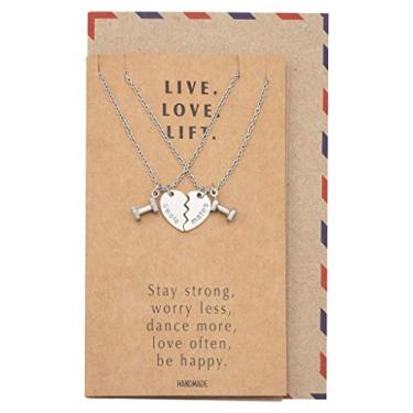 Imagem de quan jewelry Conjunto de 2 pingentes de haltere e colares de coração combinando, presentes para mulheres, irmãs e melhores amigas com cartão de felicitações inspirador, ajustável de 41 a 45 cm