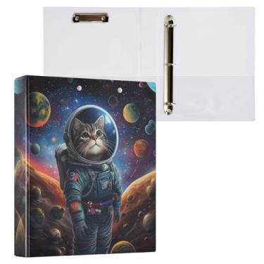 Imagem de Fichário com 3 anéis temáticos de gato astronauta do espaço sideral, fichário decorativo de 3,8 cm com prancheta e 3 bolsos transparentes, comporta 200 folhas de papel tamanho A4 fichários à prova