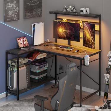 Imagem de Bestier Mesa de jogos em forma de 42 L, mesa de computador com tomadas elétricas e luz LED, mesa de canto reversível com prateleiras, mesa de escritório em casa com armazenamento, mármore preto