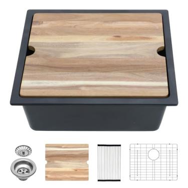 Imagem de Lordear Pia de barra composta de granito de 53,3 cm x 45,7 cm - Pia de cozinha subterrânea preta tigela única sob a borda do balcão para estação de trabalho para preparação de barras