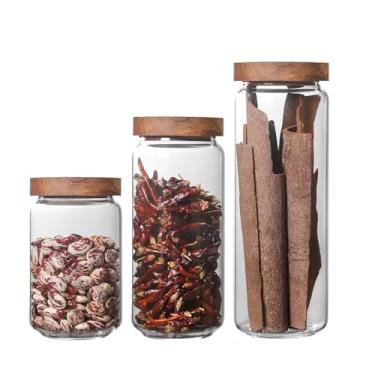 Imagem de Potes De Vidro Redondo Com Tampa De Madeira Hermética (Kit Completo)