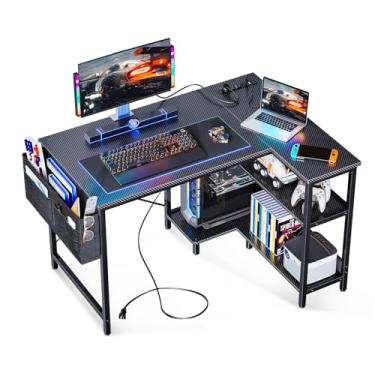 Imagem de Mesa de Computador ODK em L, 101 cm, com Tomadas e USB, Prateleiras Reversíveis, Fibra de Carbono, Preta