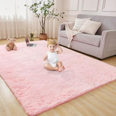 Imagem de Andency Tapete de área felpudo felpudo para sala de estar, 1,22 m x 1,8 m, rosa sólido, antiderrapante, felpudo, de pelúcia sintética, berçário, tapetes internos para crianças, meninos, meninas, quarto, decoração de casa, tapete ultra macio pequeno para quarto