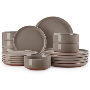 Imagem de MALACASA Conjunto de pratos e tigelas, conjunto de 18 peças de louça de cerâmica moderno para 6 conjuntos de jantar de cozinha, conjunto de louça de grés, pode ser colocado no micro-ondas e na
