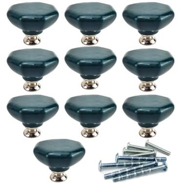 Imagem de YOUYOUULU Puxadores de cerâmica modernos - 10 peças de puxadores de porcelana marinho, puxadores octogonais de armário, puxadores de gaveta de cerâmica, puxadores de cerâmica de estilo moderno