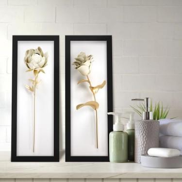 Imagem de Kit 2 Quadros Decorativos Lavabo Rosa Peônia Efeito 3D Branco Dourado 