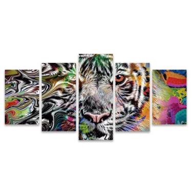 Imagem de Kit Quadros Mosaico Sala Fundo Tigre Colorido Branco Preto - Deliquadr