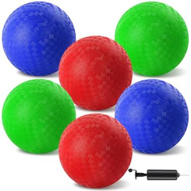 Imagem de HSLCGF 6 Pcs Dodgeballs 8.5 Inch Playground Ball 3 Colour Kickball Inflatable Rubber Handball Bouncy Dodge Ball with 1 Hand Pump for Outdoors Games Gym Camps Picnic (Needle is at The Top of The Pump)