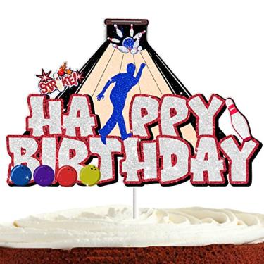Imagem de Topo de bolo de boliche para crianças, adultos, feliz aniversário, decorações de festa de boliche, bola de boliche, suprimentos de festa esportiva, glitter strip, decorações de bolo de boliche para