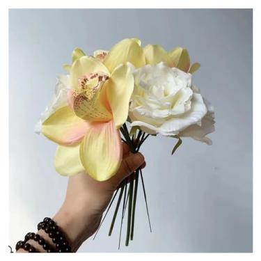 Imagem de LICONG-2020 Decoração de primavera - Buquê de simulação de dama de honra, rosas de seda, orquídeas, fúcsia, flores artificiais fúcsia, faça você mesmo, decoração de loja de festa em casa, suprimentos