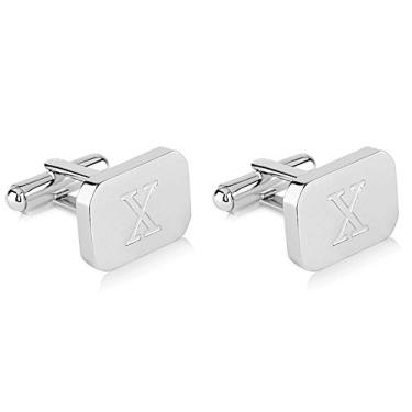 Imagem de Abotoaduras masculinas de aço inoxidável gravadas com inicial em ouro branco 18K - Letra personalizada A-Z da Lux & Pair
