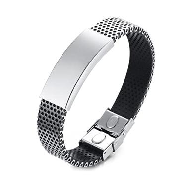 Imagem de Rockyu Pulseira masculina de aço inoxidável de silicone prata placa preta pulseira leve placa retangular corrente de silicone simples aço inoxidável, ワンサイズ, Aço inoxidável, Sem Pedra Preciosa