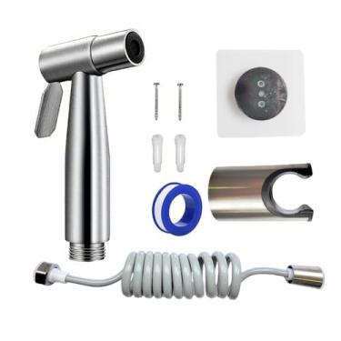 Imagem de Conjunto de pulverizador de bidê portátil, metal com acabamento 304 de aço inoxidável, mangueira flexível de 198 cm, suporte de parede/suporte adesivo, pulverizador de bidê de acessório de banheiro de