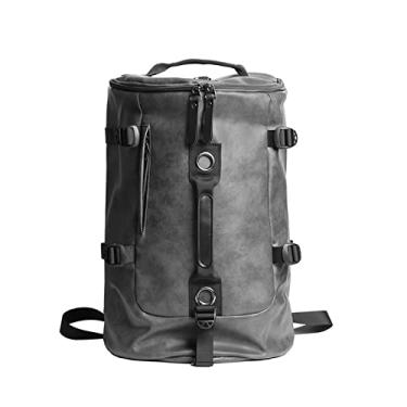 Imagem de Mochila masculina de lona e couro Mochila de viagem ao ar livre para homens Bolsas de mão de grande capacidade Mochila escolar(PU Gray)