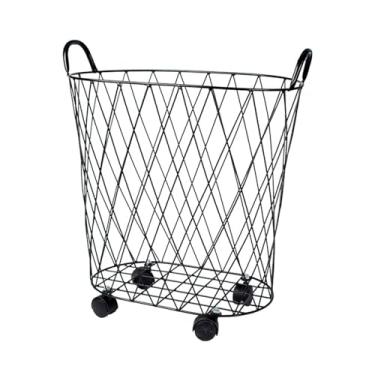 Imagem de Cesto de lavanderia nórdico de luxo com armação de arame de metal, cesta de roupas sujas de ferro organizador de brinquedos para sala de estar e banheiro, com rodas, preto (preto com rodas)