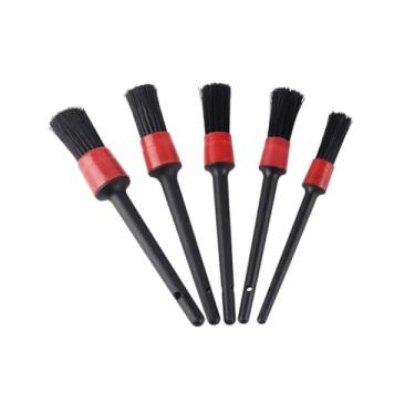 Imagem de Conjunto de 5 Pincéis de Limpeza com Cerdas Pretas, Cabo Longo, Base Vermelha, para Detalhamento Automotivo