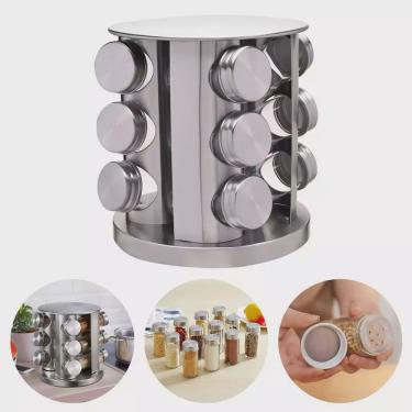 Imagem de Conjunto Porta Condimentos com Suporte em Aço Inox Giratório (12 Peças) - Temperos Chás Sementes - Mantimentos