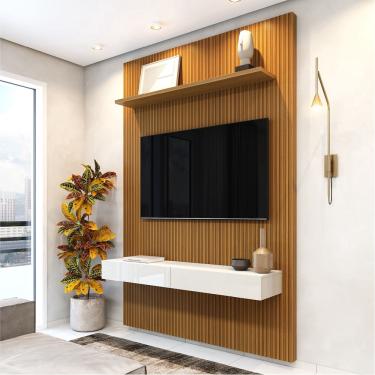 Imagem de Painel Para Tv Até 55 Polegadas Ripado Impressão 3D Egeo Com Nicho 1,35m Cedro Off White edn