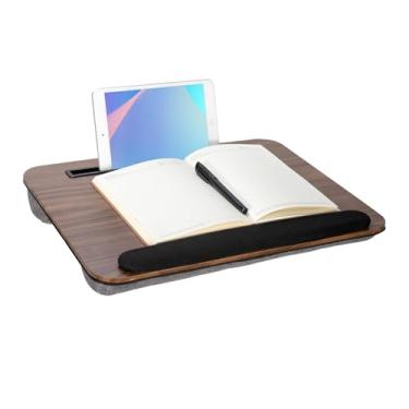 Imagem de Mesa de colo, mesa de laptop portátil para laptops de até 16 polegadas, com compartimento para tablet, almofada embutida, ótima para casa e escritório, mesa de colo com almofada (marrom com descanso