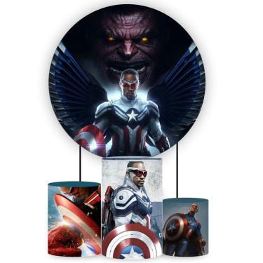 Imagem de Kit Painel de Festa Redondo e Trio de Cilindros Novo Capitão América - Fera Print