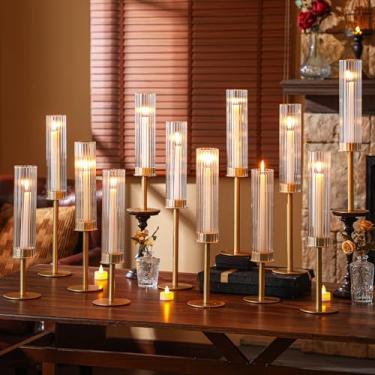 Imagem de Mumufy 12 peças castiçais dourados furacão castiçais de latão com tampa de vidro suporte de vela candelabro alto cônico suporte de vela decoração para mesa centro de mesa festa de casamento decoração