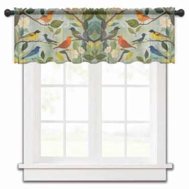 Imagem de Cortina transparente de pássaro laranja para janelas de cozinha, folhas de ramo verde, pintura a óleo, primavera, chiffon, tratamentos para janela, bolso para varão, saia curta para sala de estar